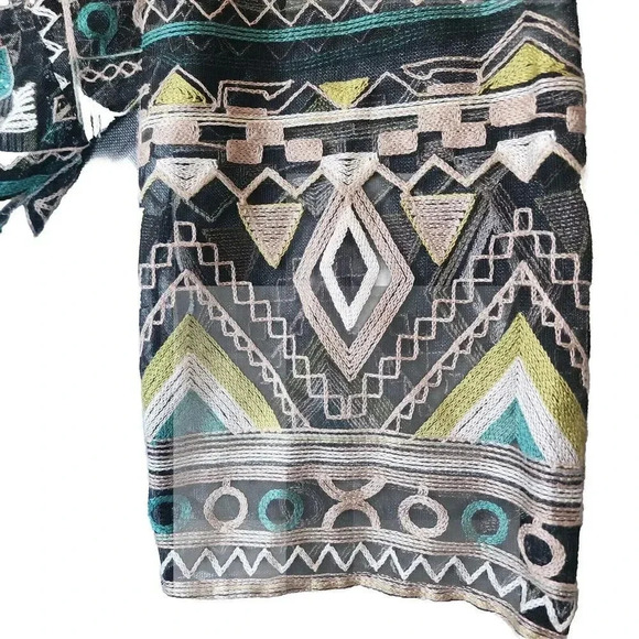 Catherine Top Women's Black Green 3/4 Sleeve Aztec Pattern Kimono Embroidered - Picture 7 of 11